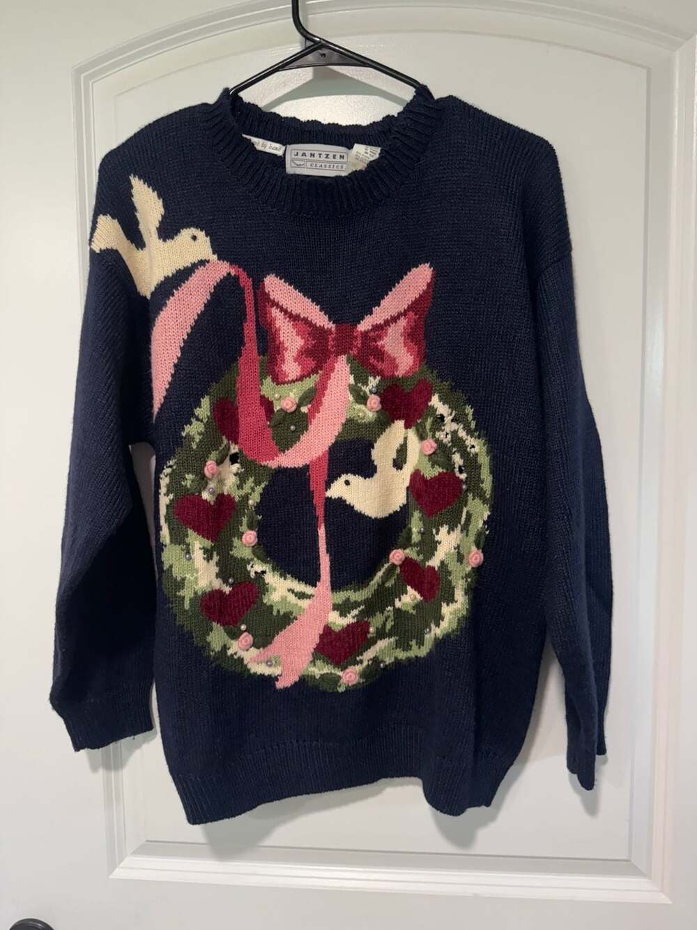 Vintage Christmas Wreath Dove Heart Novelty Sweater Grandmacore Women’s L